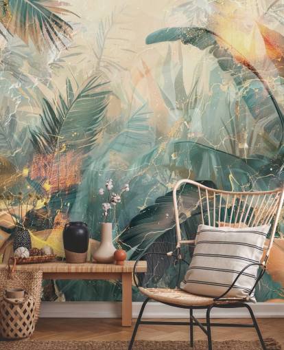 Grünes und orangefarbenes individuelles Vintage-Dschungel-Wandbild namens Distressed Jungle Leaves V von Rafal Kulik