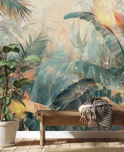 Grünes und orangefarbenes individuelles Vintage-Dschungel-Wandbild namens Distressed Jungle Leaves V von Rafal Kulik Grünes und orangefarbenes individuelles Vintage-Dschungel-Wandbild namens Distressed Jungle Leaves V von Rafal Kulik