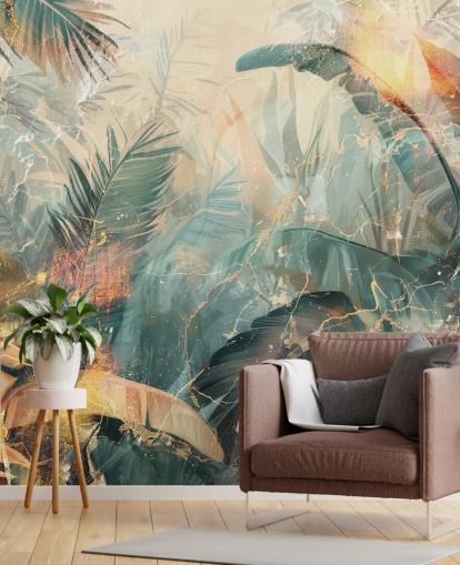 grön och orange anpassad vintage djungel väggmålning som heter Distressed Jungle Leaves V av Rafal Kulik grön och orange anpassad vintage djungel väggmålning som heter Distressed Jungle Leaves V av Rafal Kulik