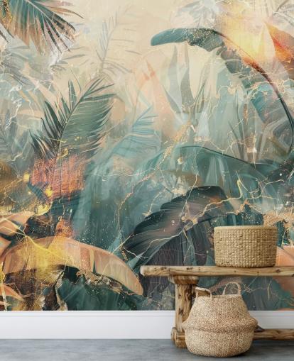 grønt og oransje tilpasset vintage jungel veggmaleri kalt Distressed Jungle Leaves V av Rafal Kulik