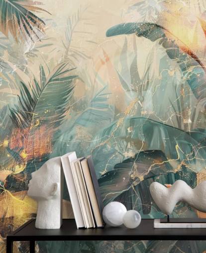 grønt og oransje tilpasset vintage jungel veggmaleri kalt Distressed Jungle Leaves V av Rafal Kulik grønt og oransje tilpasset vintage jungel veggmaleri kalt Distressed Jungle Leaves V av Rafal Kulik