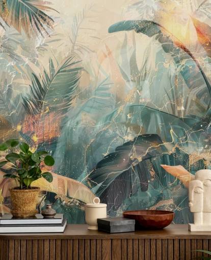 murale da parete vintage personalizzato verde e arancione chiamato Distressed Jungle Leaves V di Rafal Kulik