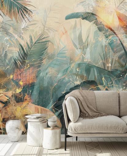 green and orange custom vintage jungle wall mural called Distressed Jungle Leaves V by Rafal Kulik green and orange custom vintage jungle wall mural called Distressed Jungle Leaves V by Rafal Kulik