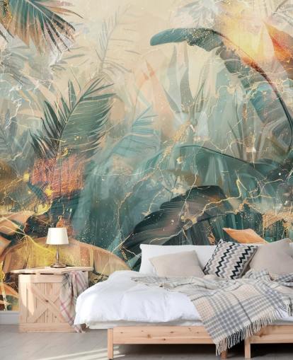 green and orange custom vintage jungle wall mural called Distressed Jungle Leaves V by Rafal Kulik
