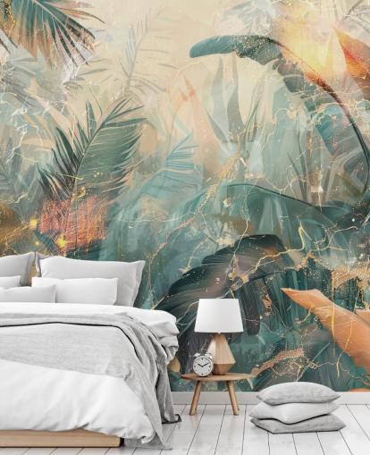 grønt og oransje tilpasset vintage jungel veggmaleri kalt Distressed Jungle Leaves V av Rafal Kulik grønt og oransje tilpasset vintage jungel veggmaleri kalt Distressed Jungle Leaves V av Rafal Kulik