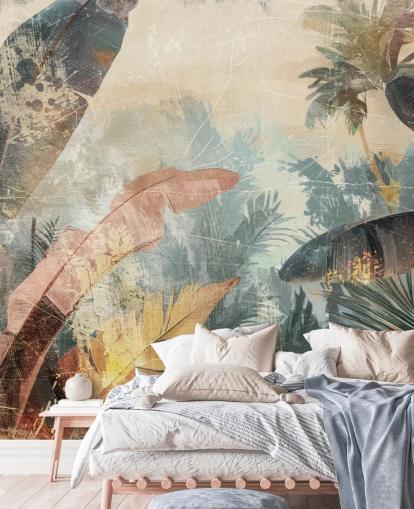 mural de papel pintado de hojas personalizado llamado Distressed Jungle Leaves VI de Rafal Kulik