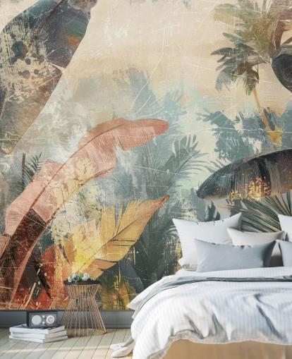 carta da parati murale personalizzata con foglie chiamata Distressed Jungle Leaves VI di Rafal Kulik
