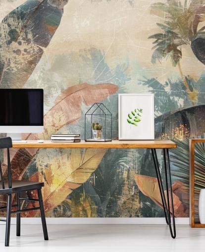 mural de papel pintado de hojas personalizado llamado Distressed Jungle Leaves VI de Rafal Kulik