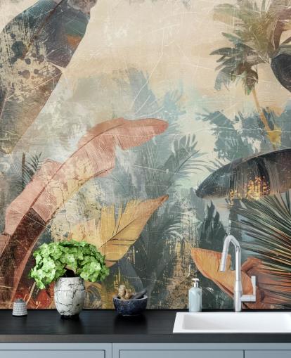 op maat gemaakte muurschildering met bladeren genaamd Distressed Jungle Leaves VI van Rafal Kulik
