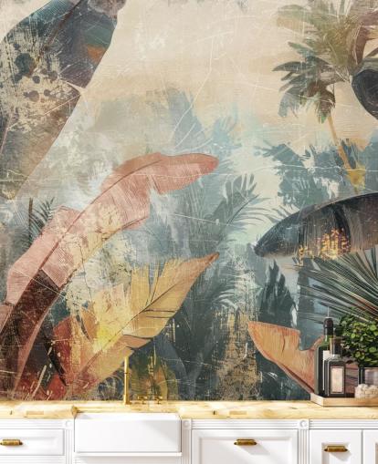 mural de papel de parede de folhas personalizado chamado Distressed Jungle Leaves VI de Rafal Kulik