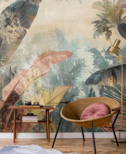 carta da parati murale personalizzata con foglie chiamata Distressed Jungle Leaves VI di Rafal Kulik