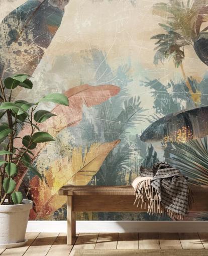 mural de papel pintado de hojas personalizado llamado Distressed Jungle Leaves VI de Rafal Kulik mural de papel pintado de hojas personalizado llamado Distressed Jungle Leaves VI de Rafal Kulik