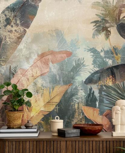 mural de papel de parede de folhas personalizado chamado Distressed Jungle Leaves VI de Rafal Kulik