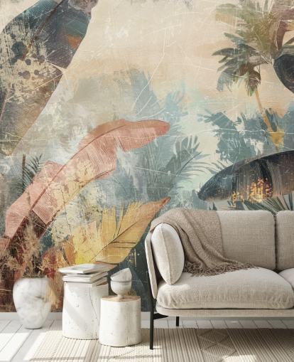 custom leaf wallpaper mural called Distressed Jungle Leaves VI by Rafal Kulik
