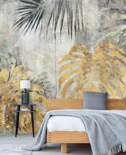 green, gold and grey customisable jungle wall mural called Distressed Jungle Leaves VII by Rafal Kulik