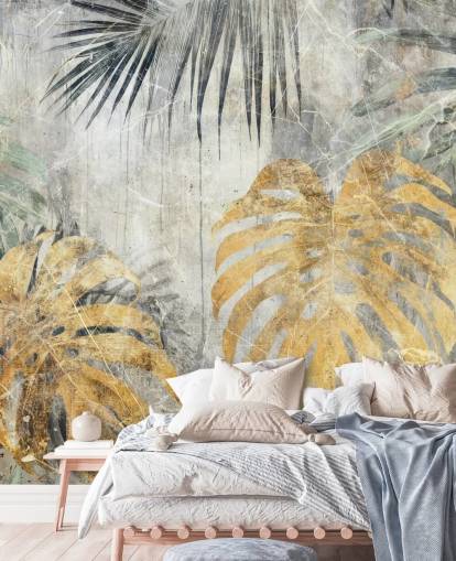 groene, gouden en grijze aanpasbare jungle muurschildering genaamd Distressed Jungle Leaves VII van Rafal Kulik