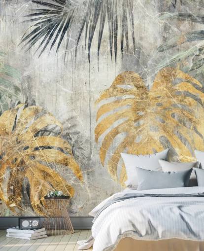 vihreä, kulta ja harmaa muokattava viidakon seinämaalaus nimeltä Distressed Jungle Leaves VII, kirjoittanut Rafal Kulik