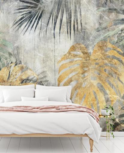 mural de parede de selva personalizável em verde, dourado e cinza chamado Distressed Jungle Leaves VII de Rafal Kulik