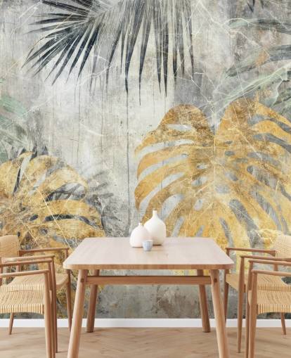 grønt, gull og grått tilpassbart jungel veggmaleri kalt Distressed Jungle Leaves VII av Rafal Kulik