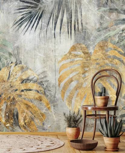 groene, gouden en grijze aanpasbare jungle muurschildering genaamd Distressed Jungle Leaves VII van Rafal Kulik groene, gouden en grijze aanpasbare jungle muurschildering genaamd Distressed Jungle Leaves VII van Rafal Kulik