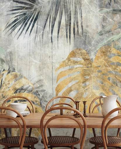 grønt, gull og grått tilpassbart jungel veggmaleri kalt Distressed Jungle Leaves VII av Rafal Kulik