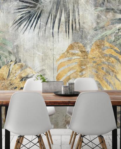 groene, gouden en grijze aanpasbare jungle muurschildering genaamd Distressed Jungle Leaves VII van Rafal Kulik