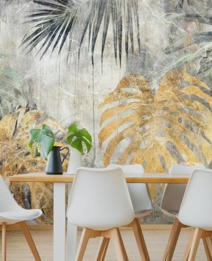 mural de pared de jungla personalizable verde, dorado y gris llamado Distressed Jungle Leaves VII de Rafal Kulik mural de pared de jungla personalizable verde, dorado y gris llamado Distressed Jungle Leaves VII de Rafal Kulik