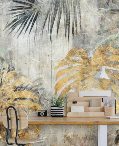 vihreä, kulta ja harmaa muokattava viidakon seinämaalaus nimeltä Distressed Jungle Leaves VII, kirjoittanut Rafal Kulik