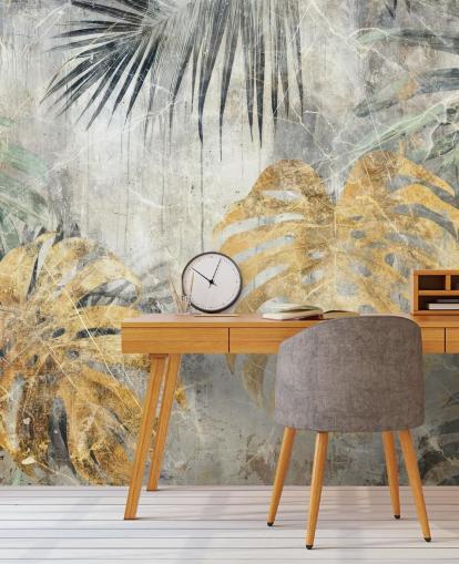 fresque murale personnalisable verte, dorée et grise intitulée Distressed Jungle Leaves VII par Rafal Kulik