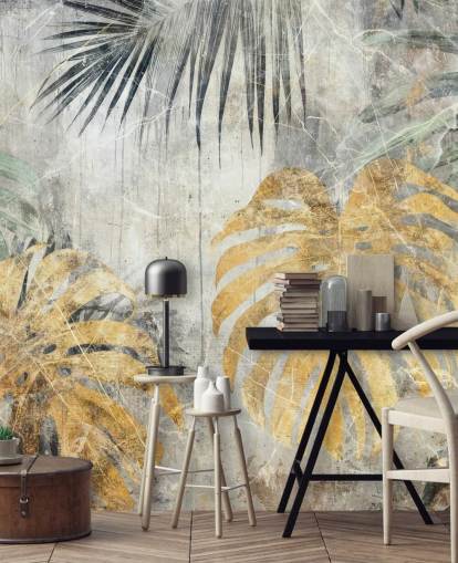 grön, guld och grå anpassningsbar djungel väggmålning kallad Distressed Jungle Leaves VII av Rafal Kulik