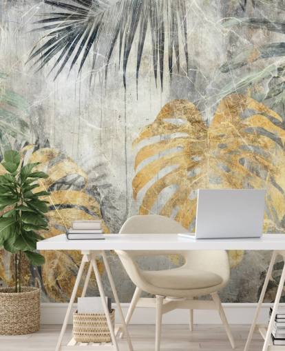 groene, gouden en grijze aanpasbare jungle muurschildering genaamd Distressed Jungle Leaves VII van Rafal Kulik