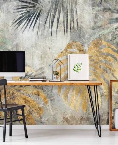 Personalisierbares Dschungel-Wandbild in Grün, Gold und Grau namens Distressed Jungle Leaves VII von Rafal Kulik