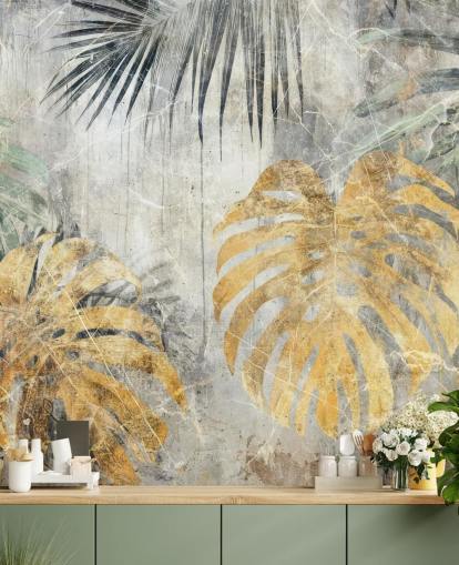 murale con giungla personalizzabile verde, oro e grigio chiamato Distressed Jungle Leaves VII di Rafal Kulik murale con giungla personalizzabile verde, oro e grigio chiamato Distressed Jungle Leaves VII di Rafal Kulik