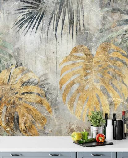 vihreä, kulta ja harmaa muokattava viidakon seinämaalaus nimeltä Distressed Jungle Leaves VII, kirjoittanut Rafal Kulik vihreä, kulta ja harmaa muokattava viidakon seinämaalaus nimeltä Distressed Jungle Leaves VII, kirjoittanut Rafal Kulik