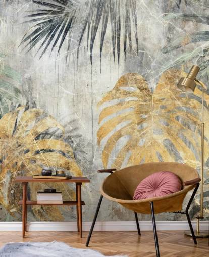 green, gold and grey customisable jungle wall mural called Distressed Jungle Leaves VII by Rafal Kulik
