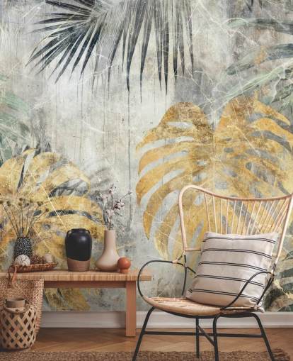 murale con giungla personalizzabile verde, oro e grigio chiamato Distressed Jungle Leaves VII di Rafal Kulik murale con giungla personalizzabile verde, oro e grigio chiamato Distressed Jungle Leaves VII di Rafal Kulik