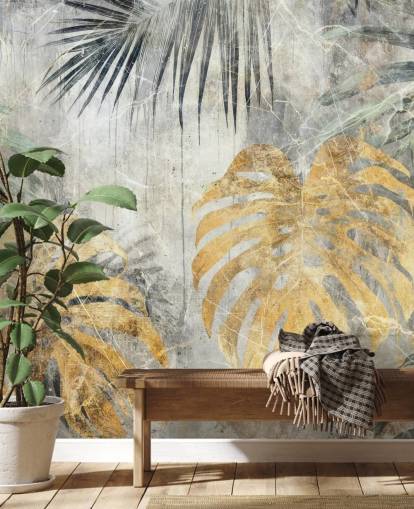 vihreä, kulta ja harmaa muokattava viidakon seinämaalaus nimeltä Distressed Jungle Leaves VII, kirjoittanut Rafal Kulik vihreä, kulta ja harmaa muokattava viidakon seinämaalaus nimeltä Distressed Jungle Leaves VII, kirjoittanut Rafal Kulik