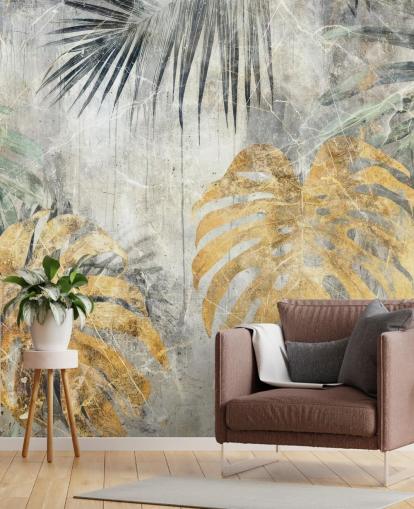 grønt, gull og grått tilpassbart jungel veggmaleri kalt Distressed Jungle Leaves VII av Rafal Kulik