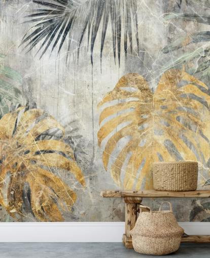 Personalisierbares Dschungel-Wandbild in Grün, Gold und Grau namens Distressed Jungle Leaves VII von Rafal Kulik Personalisierbares Dschungel-Wandbild in Grün, Gold und Grau namens Distressed Jungle Leaves VII von Rafal Kulik