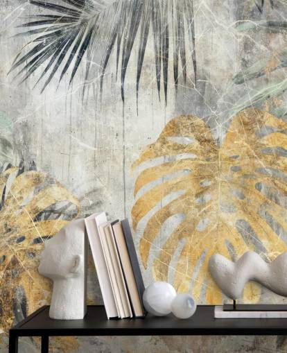 murale con giungla personalizzabile verde, oro e grigio chiamato Distressed Jungle Leaves VII di Rafal Kulik