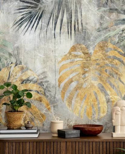 murale con giungla personalizzabile verde, oro e grigio chiamato Distressed Jungle Leaves VII di Rafal Kulik