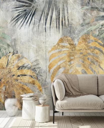 mural de pared de jungla personalizable verde, dorado y gris llamado Distressed Jungle Leaves VII de Rafal Kulik