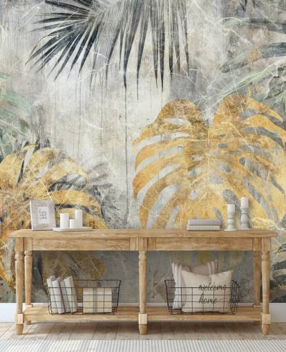 mural de parede de selva personalizável em verde, dourado e cinza chamado Distressed Jungle Leaves VII de Rafal Kulik