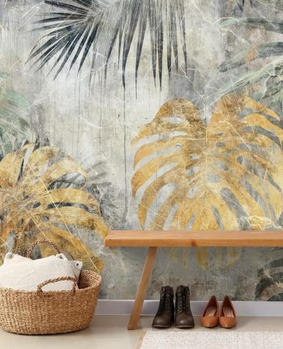 groene, gouden en grijze aanpasbare jungle muurschildering genaamd Distressed Jungle Leaves VII van Rafal Kulik groene, gouden en grijze aanpasbare jungle muurschildering genaamd Distressed Jungle Leaves VII van Rafal Kulik