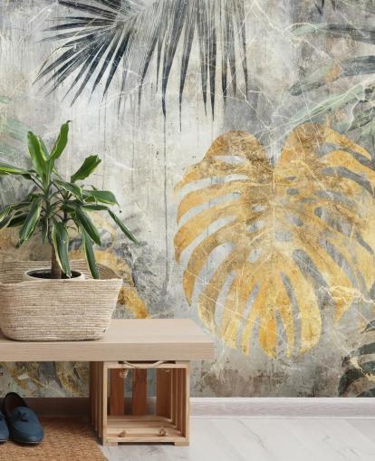 vihreä, kulta ja harmaa muokattava viidakon seinämaalaus nimeltä Distressed Jungle Leaves VII, kirjoittanut Rafal Kulik