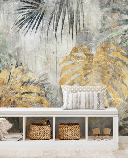 grøn, guld og grå tilpasselig jungle vægmaleri kaldet Distressed Jungle Leaves VII af Rafal Kulik grøn, guld og grå tilpasselig jungle vægmaleri kaldet Distressed Jungle Leaves VII af Rafal Kulik