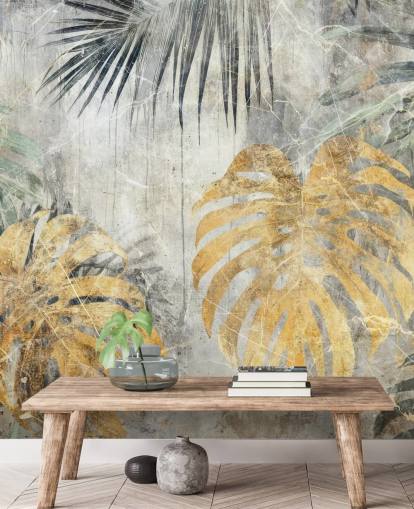 murale con giungla personalizzabile verde, oro e grigio chiamato Distressed Jungle Leaves VII di Rafal Kulik murale con giungla personalizzabile verde, oro e grigio chiamato Distressed Jungle Leaves VII di Rafal Kulik