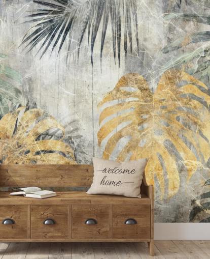 grön, guld och grå anpassningsbar djungel väggmålning kallad Distressed Jungle Leaves VII av Rafal Kulik grön, guld och grå anpassningsbar djungel väggmålning kallad Distressed Jungle Leaves VII av Rafal Kulik