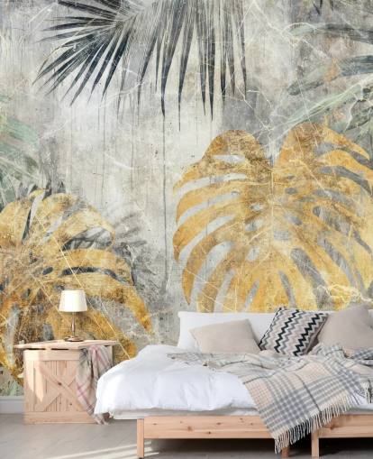 mural de parede de selva personalizável em verde, dourado e cinza chamado Distressed Jungle Leaves VII de Rafal Kulik