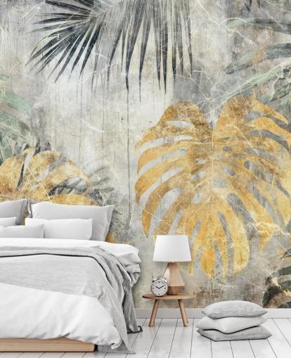 murale con giungla personalizzabile verde, oro e grigio chiamato Distressed Jungle Leaves VII di Rafal Kulik murale con giungla personalizzabile verde, oro e grigio chiamato Distressed Jungle Leaves VII di Rafal Kulik